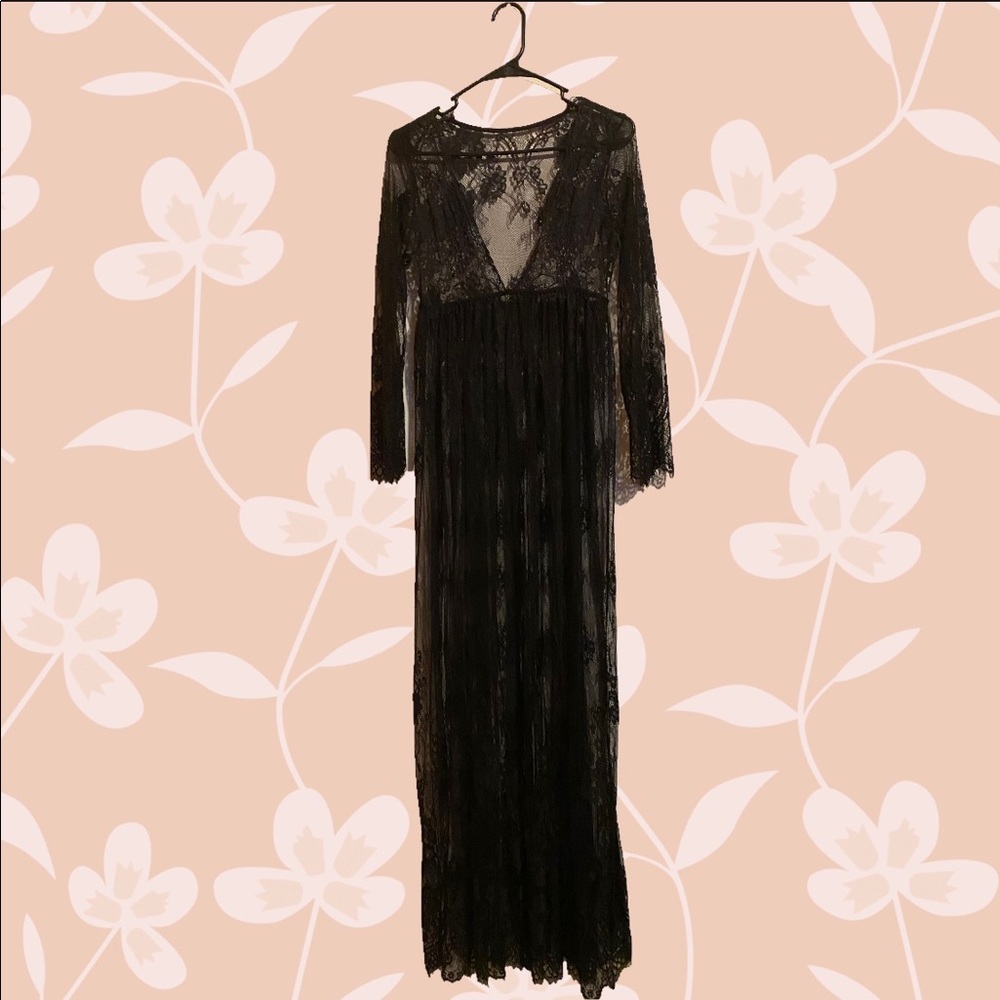 Black lace long slip dress